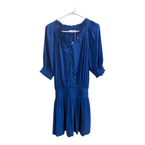 Ramy Brook Pierre Smocked Waist Elbow Sleeve Mosaic Blue Mini Dress, size m, NWT - Picture 4 of 12